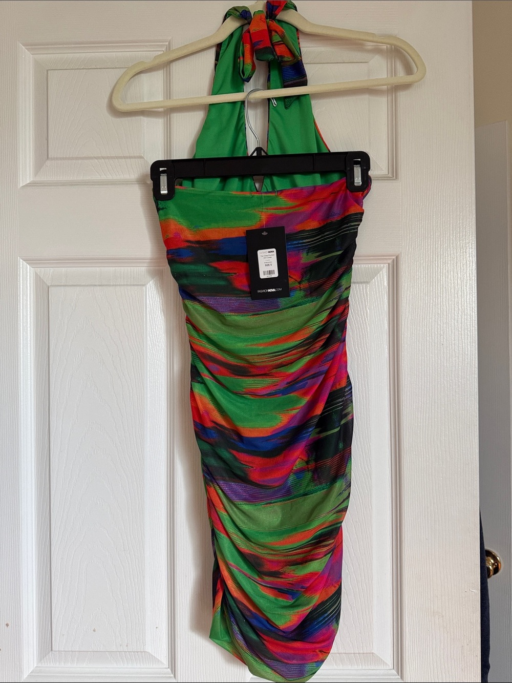 Vibrant Multi-Color Halter Ruched Mini Dress - Picture 4 of 4